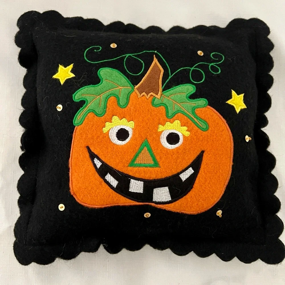 Jack~O~Lantern Felt Embroidered Pillow
